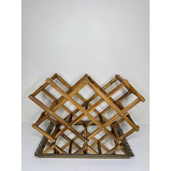 VINTAGE || Mid Century Accordion Style Folding Wooden Wine Rack 10 Bottle - Picture 7 of 9